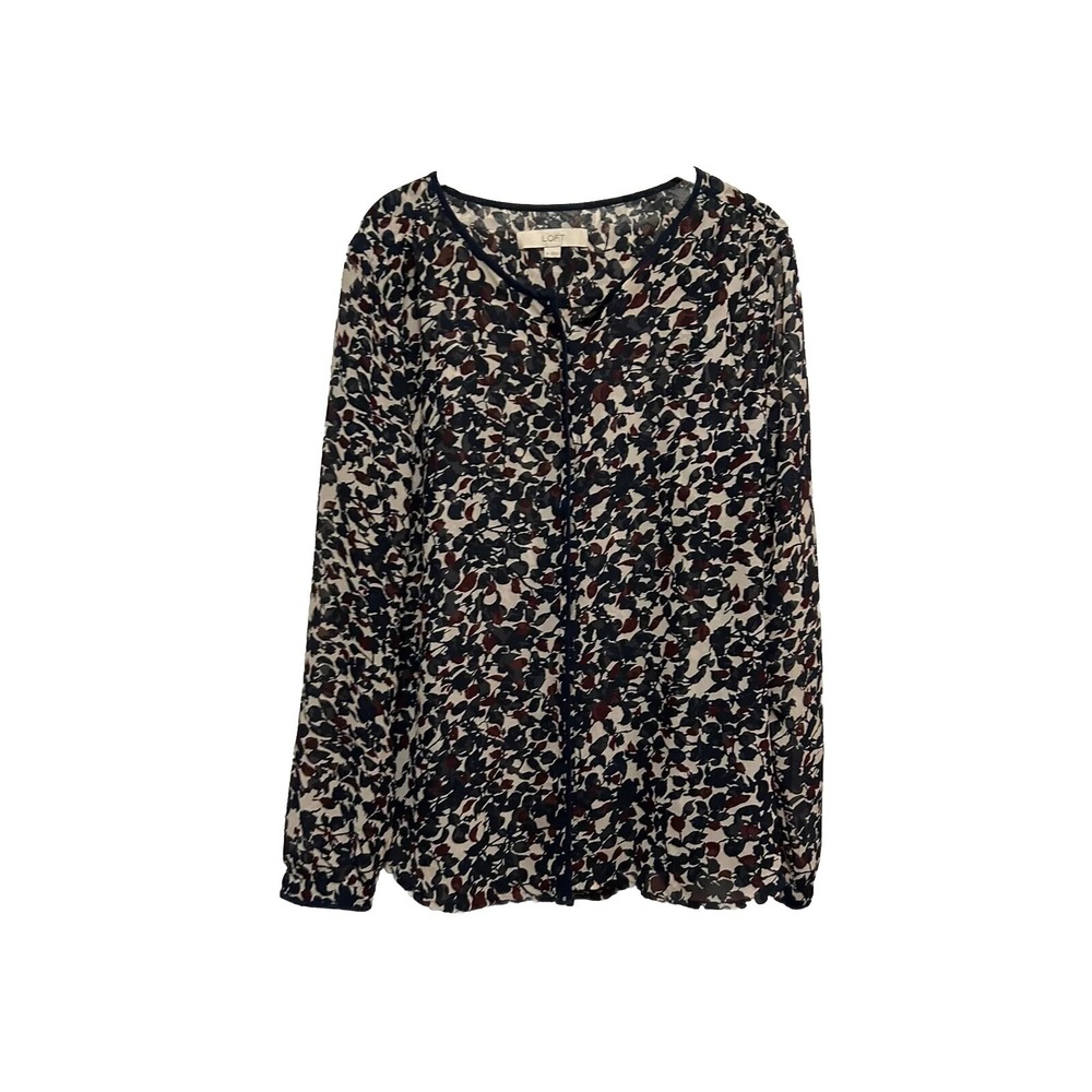 LOFT Blue Floral Long Sleeve Button Up Blouse Women's Size‎ M Sheer Chiffon Top